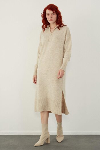 SHERIN Μπεζ φόρεμα Polo Neck Basic Midi Knitwear