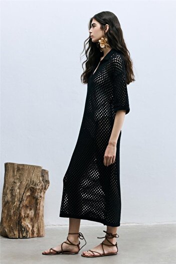 SHERIN Openwork Navy Blue Polo Collar Dress