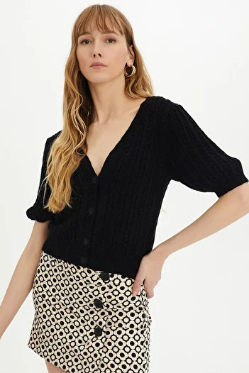 SHERIN Black Braided Buttoned Knitwear Cardigan