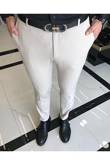 TerziAdemAltun Italian Cut Slim Fit Men's Trousers Beige T9458