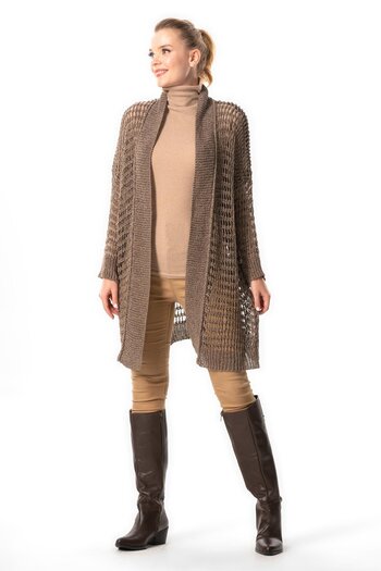 Eliş Şile Bezi Ümran Openwork Mink Long Knitwear Cardigan - Autumn and Winter