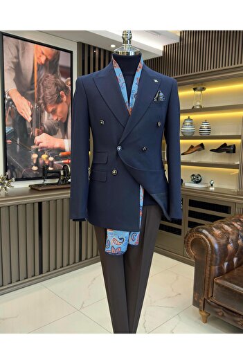 TerziAdemAltun Italian style slim fit double breasted men's jacket navy blue T10741