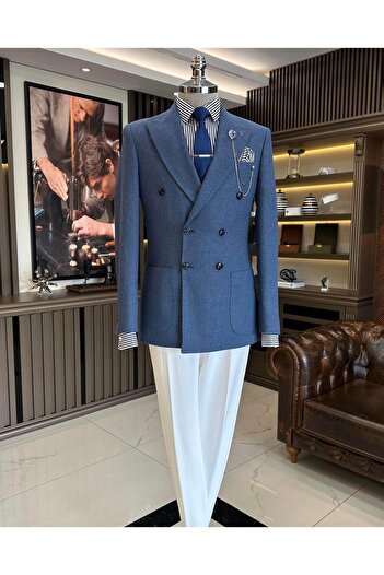 TerziAdemAltun Jachetă pentru bărbați în stil italian slim fit dublu piept albastru T10973