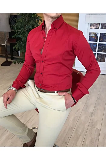 TerziAdemAltun Italian Style Slim Fit Stand Collar Satin Men's Red Shirt T4113