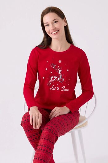 Arnetta Kadın Let İt Snow Kırmızı Uzun Kol Pijama Takımı (Anne-Kız Kombin Yapılabilir)