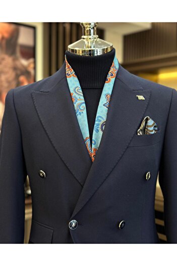 TerziAdemAltun Italian style slim fit double breasted men's jacket navy blue T10741