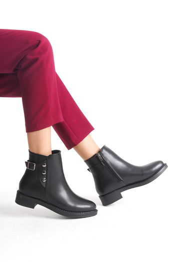 Limeo Low Heel Zippered Women's Black Bootie with Button and Buckle Detail