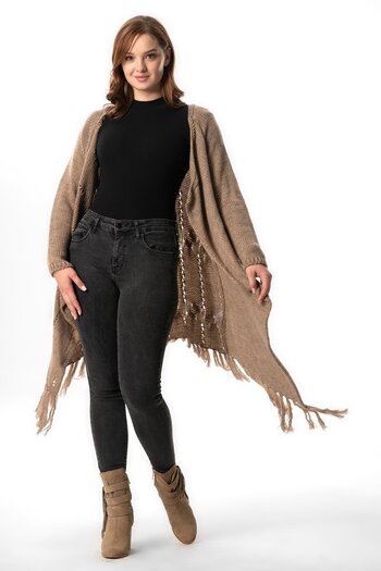 Eliş Şile Bezi Autumn and Winter Shiny Knitwear Cardigan - Long Sleeve, Shiny Button Detail, Fringed, Mink Vzn