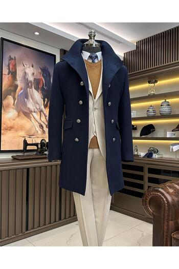 TerziAdemAltun Італійський стиль, slim fit, комір-стійка, кашемір, темно-синій, T9941
