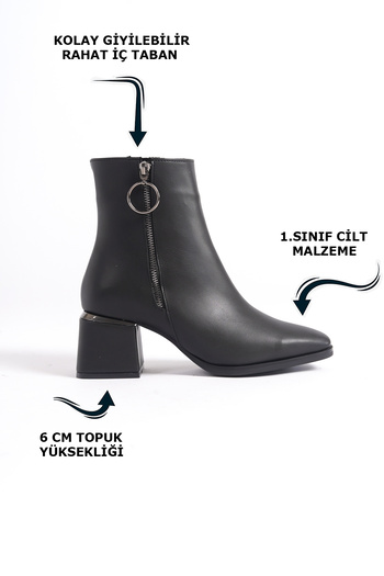 Limeo Leather Look Leather Zippered Short Plain Classic Black Boots Bootie with Silver Detail on the Heel