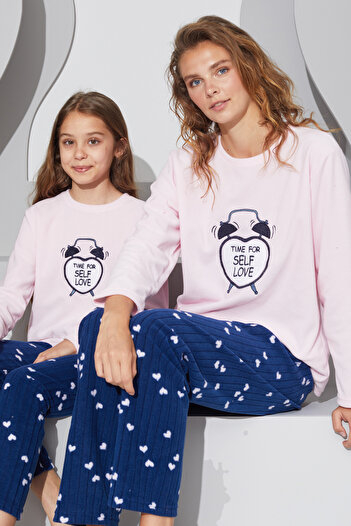 Siyah İnci Pink Embroidered Lower-Upper Fleece Pajama Set 24223066
