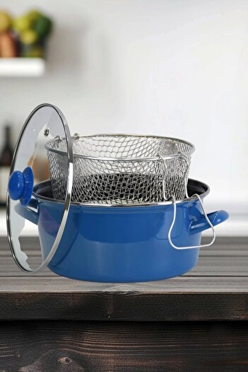 PR HOME Enamel Glass Covered Frying Pan 24 cm Blue