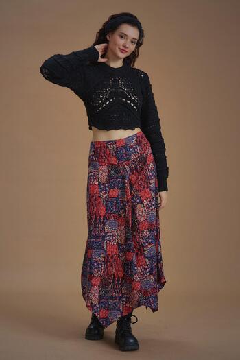 Los banditos Red Ethnic Patterned Skirt with Piping Detail and Asymmetrical Cut