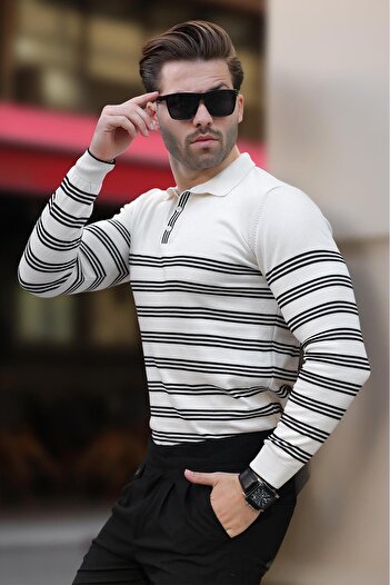 Madmext White Buttoned Polo Collar Striped Long Sleeve Sweater 7270