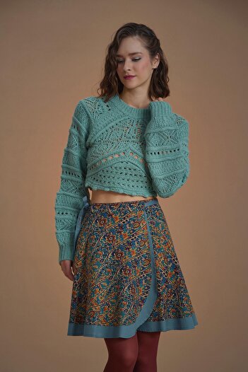 Los banditos Petrol Pera Patterned Wrap Short Skirt