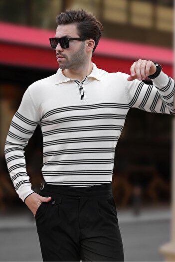 Madmext White Buttoned Polo Collar Striped Long Sleeve Sweater 7270