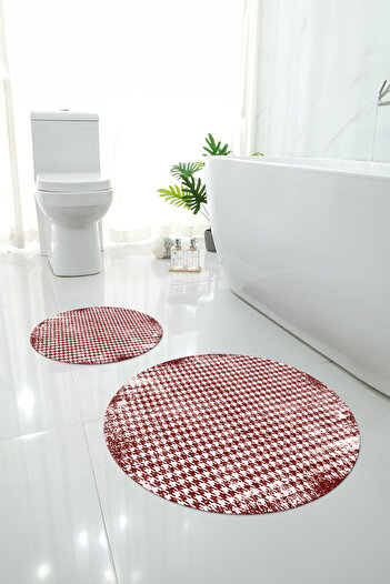Napoli Home Digital Washable Square Pattern Detailed Round Bathroom Mat Toilet Set