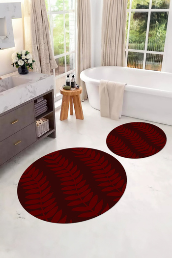Napoli Home Printed Washable Non-Slip Base Leaf Patterned Round Bath Mat Toilet Set