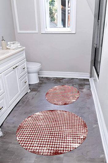 Napoli Home Digital Washable Square Pattern Detailed Round Bathroom Mat Toilet Set