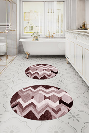 Napoli Home Digital Washable Non-Slip Base Simple Zigzag Model Round Bath Mat Toilet Set