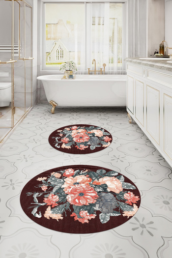 Napoli Home Printed Washable Non-Slip Base Flower Detailed Round Bath Mat Toilet Set