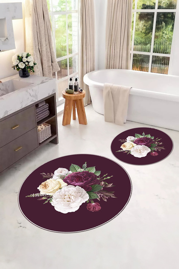 Napoli Home Digital Washable Non-Slip Base Floral Motif Round Bath Mat Toilet Set