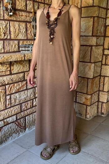 Ravencia Brown Modal Fabric Strap Slit Women's Dress