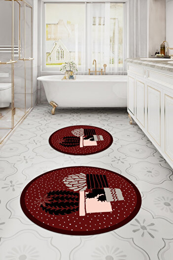 Napoli Home Digital Washable Modern Cactus Patterned Round Bath Mat Toilet Set
