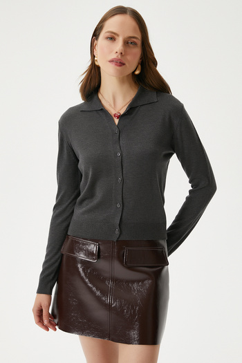 Ritnice Women's Thin Polo Neck Thin Anthracite Cardigan