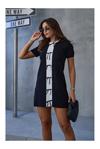 Elif Özbey Butik Μαύρη κορδέλα ριγέ πλεκτό φόρεμα