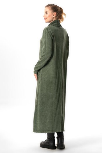 Eliş Şile Bezi Khaki Knitwear Dress - Long Sleeve, Wide Neck, Pocket, Autumn and Winter - Sevda