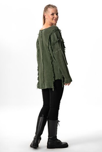 Eliş Şile Bezi Khaki Color Authentic Knitwear Blouse - Long Sleeve, Wide Collar, Autumn and Winter