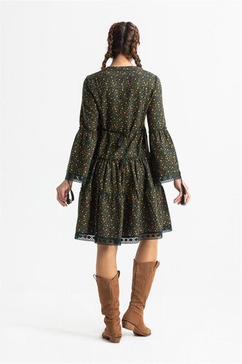Eliş Şile Bezi Long Sleeve Selçil Flannel Short Autumn And Winter Dress Crispy Pattern Khaki Hk