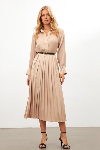 Setre Beige Belt Detailed Pleated Shirt Collar Long Sleeve Dress