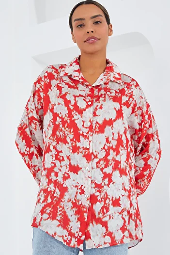 Bigdart Women's Red and White Patterned Oversize Satin Shirt 3985