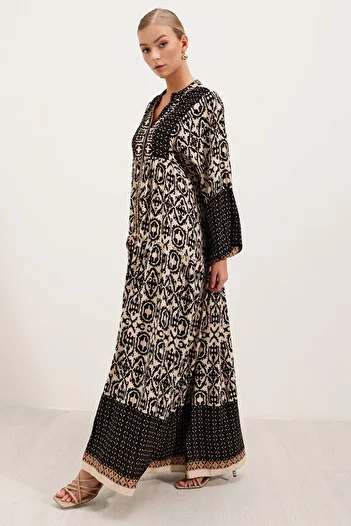 Bigdart Schwarz-beige gemustertes Viskose-Hijab-Kleid für Damen 2423