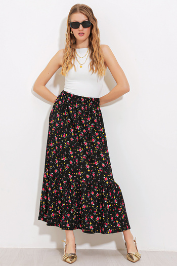 Bigdart Women's Black Red Floral Patterned Long Knitted Skirt 1886