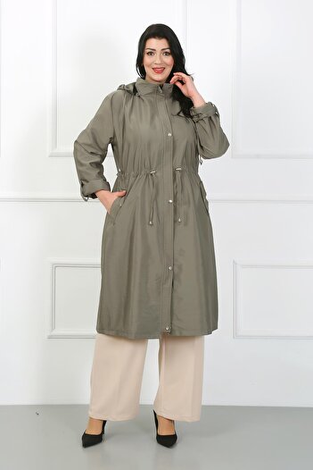 By Alba Collection Women's Khaki Parachute Fabric Long Large Size Trench Coat