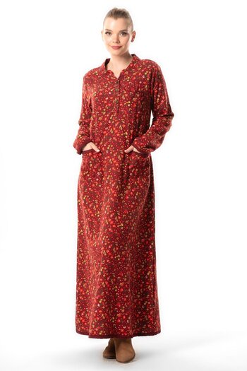 Eliş Şile Bezi Star Bud Patterned Long Autumn and Winter Dress - Burgundy Brd