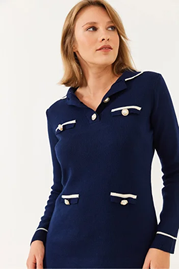 Bianco Lucci Rochie mini tricotată cu mânecă lungă, cu guler de cămașă, cu nasturi și buzunare 20246230