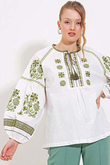 Bigdart Women's Khaki Ecru Embroidered Linen Blouse 902