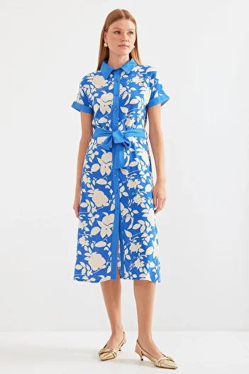Bigdart 2455 Model - Blue Patterned Shirt Dress