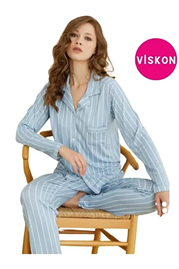 bie's Set de pijamale de sezon cu mânecă lungă, guler de cămașă cu nasturi în față, cu dungi albastre și albe, cu buzunar la piept