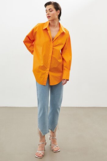 Setre Orange Shirt Collar Long Sleeve Stone Pasting Detailed Button Closure Shirt