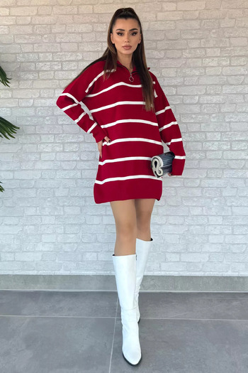 GÜLSELİ Red Striped Half Zipper Knitwear Tunic