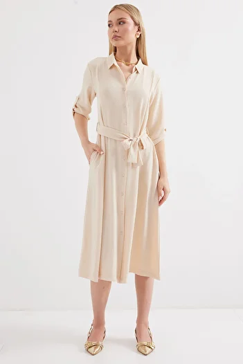 Bigdart 2442 Model Belted Shirt Dress - Cream