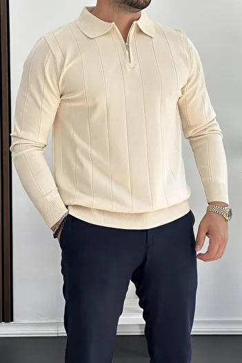 Edwox Men's Half Zipper Polo Collar Seasonal Sweater Cream Edw195