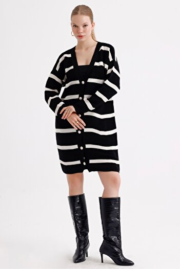 MD trend Women's Buttoned Self Patterned Long Oversize Striped Knitwear Cardigan