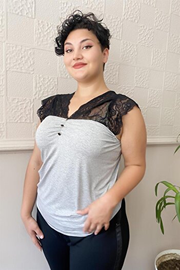 Zer Otantik Buttoned Lace Plus Size Combed Cotton Blouse Gray