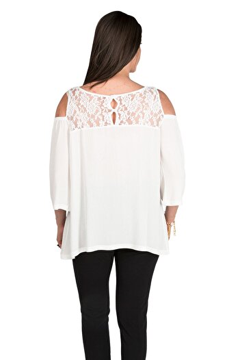 Zer Otantik Λεπτομέρεια ώμου Δαντελένια Μπλούζα Plus Size Εκρού